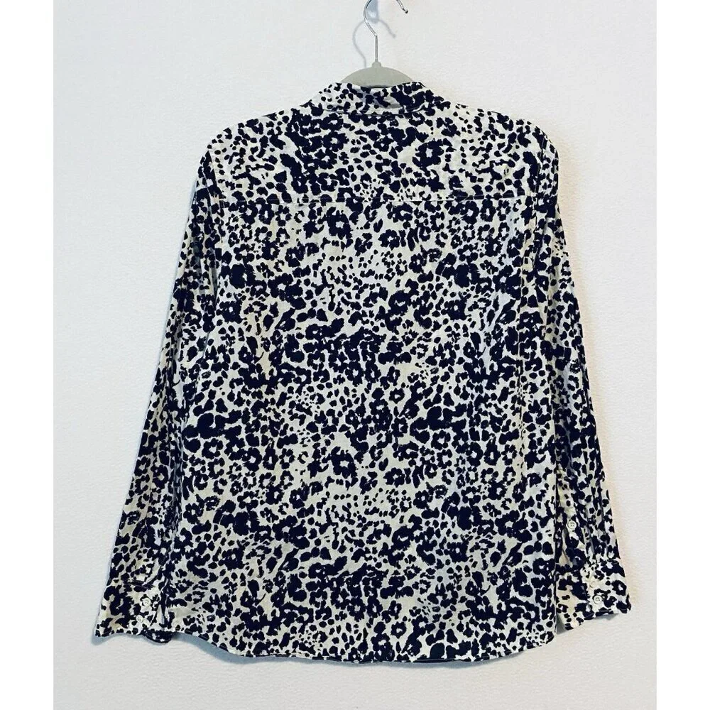 J Crew Top Womens 12 Black White Snow Leopard Boy Fit Button Up Long Sleeve Boho